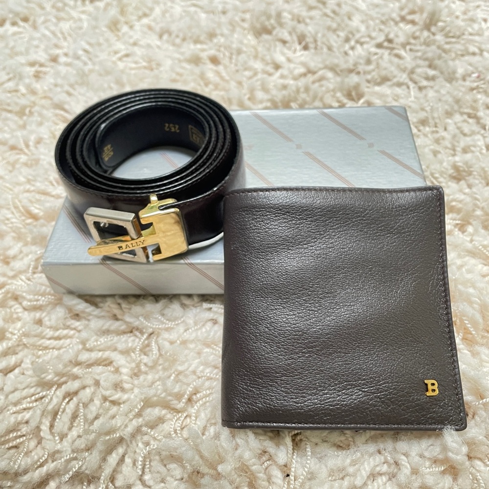 Bally Brown Leather Wallet and Belt Set